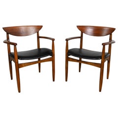 MCM Walnut & Oak Pair Lane Perception Dining Host Arm Chairs by Warren C. Church