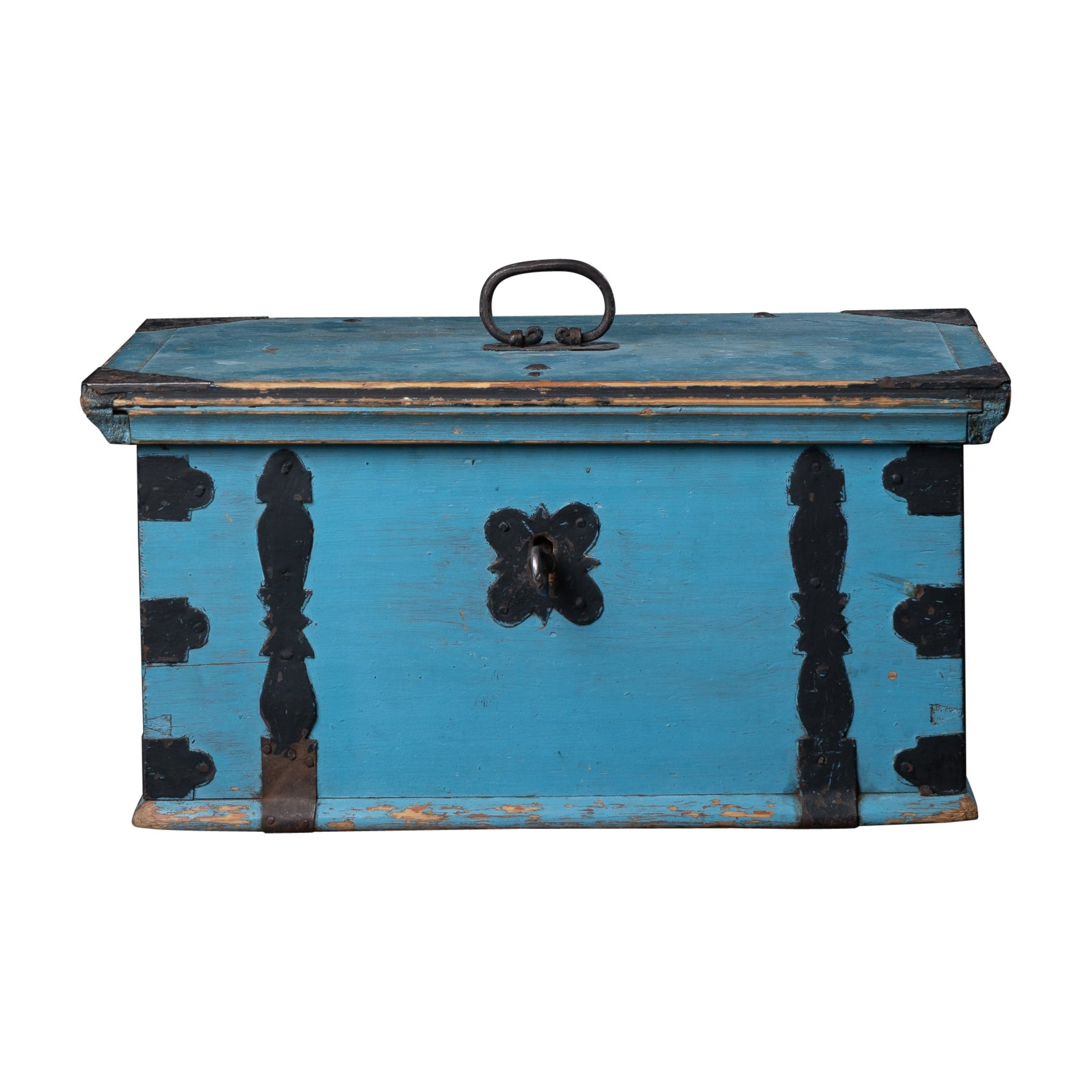 Coffre ou boîte d'art populaire suédois bleu du 19ème siècle
