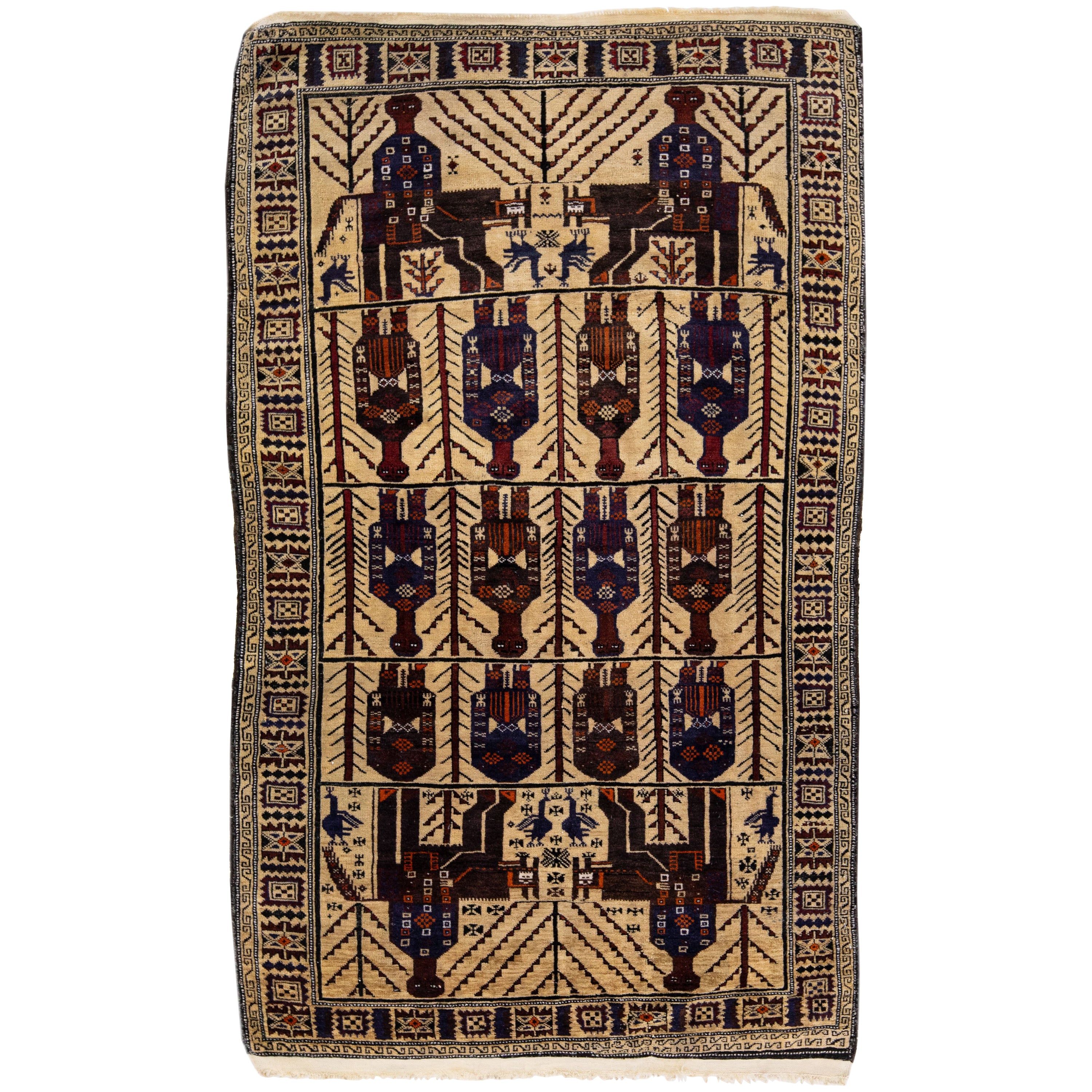 Tan Antique Balouch Handmade Persian Wool Rug With Pictorial Design
