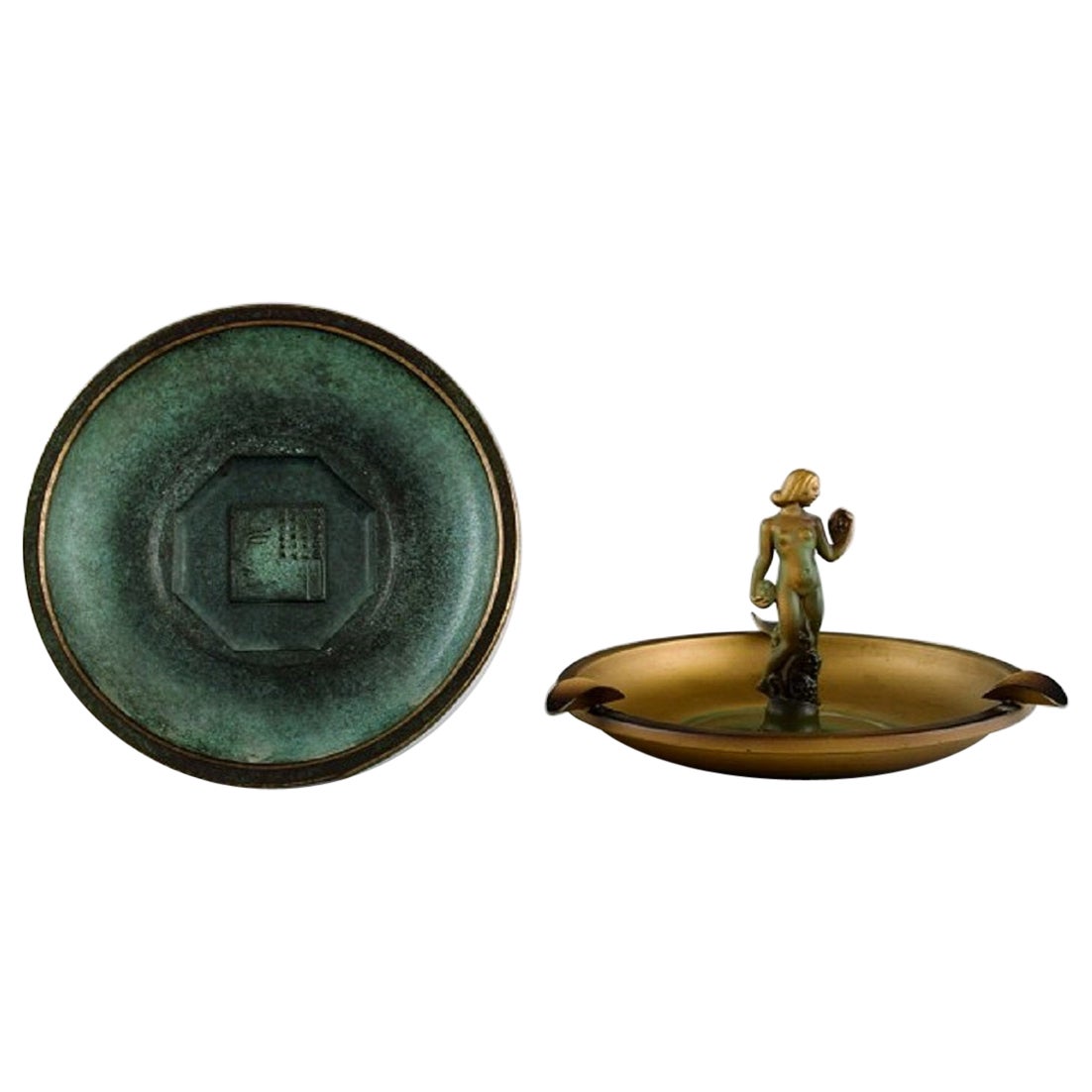 Zicu, Sweden, Large Art Deco Ashtray and Bowl in Patinated Metal For Sale