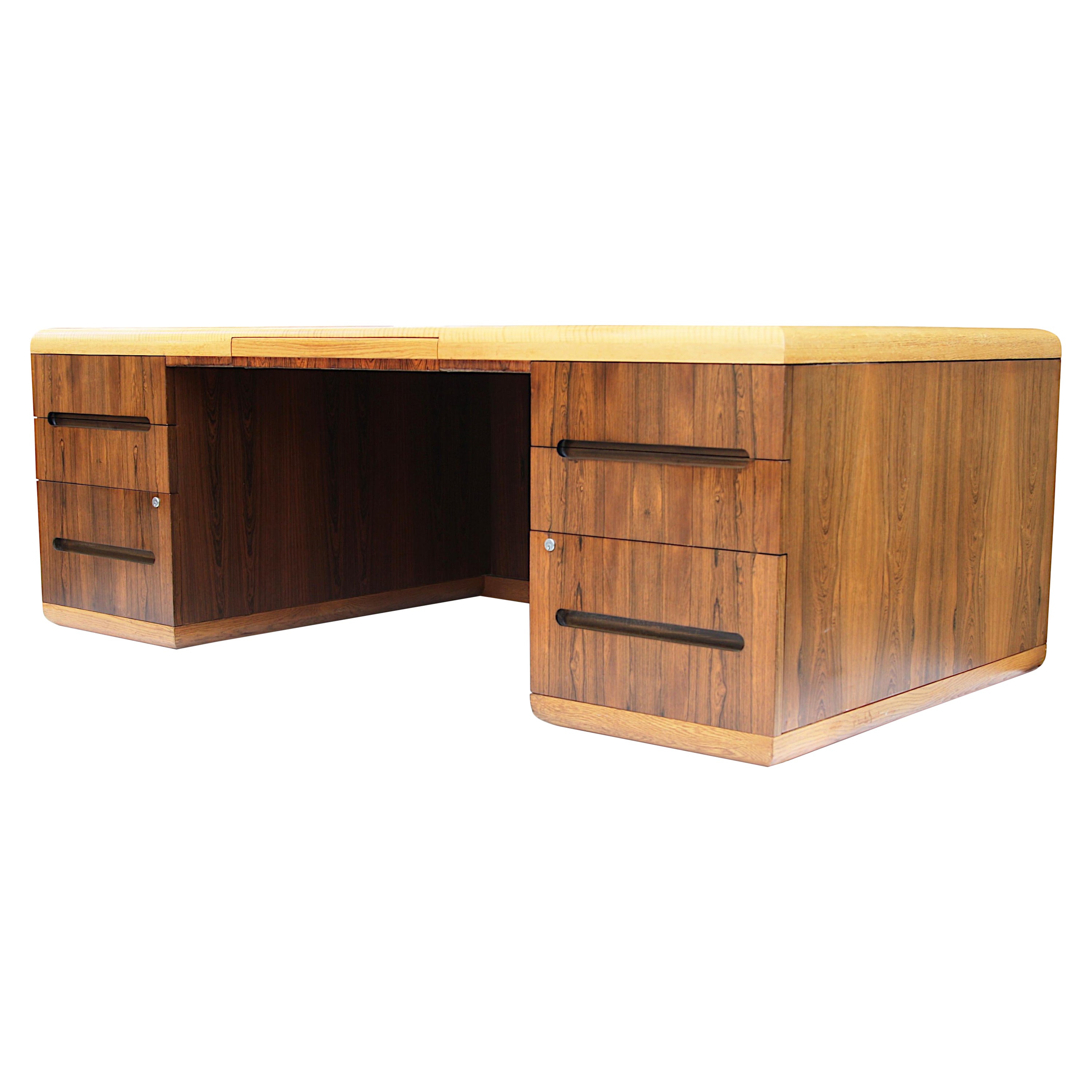 Vintage 7ft 1970s Mid-Century Modern Rosewood & Oak Executive Desk by Dunbar For Sale
