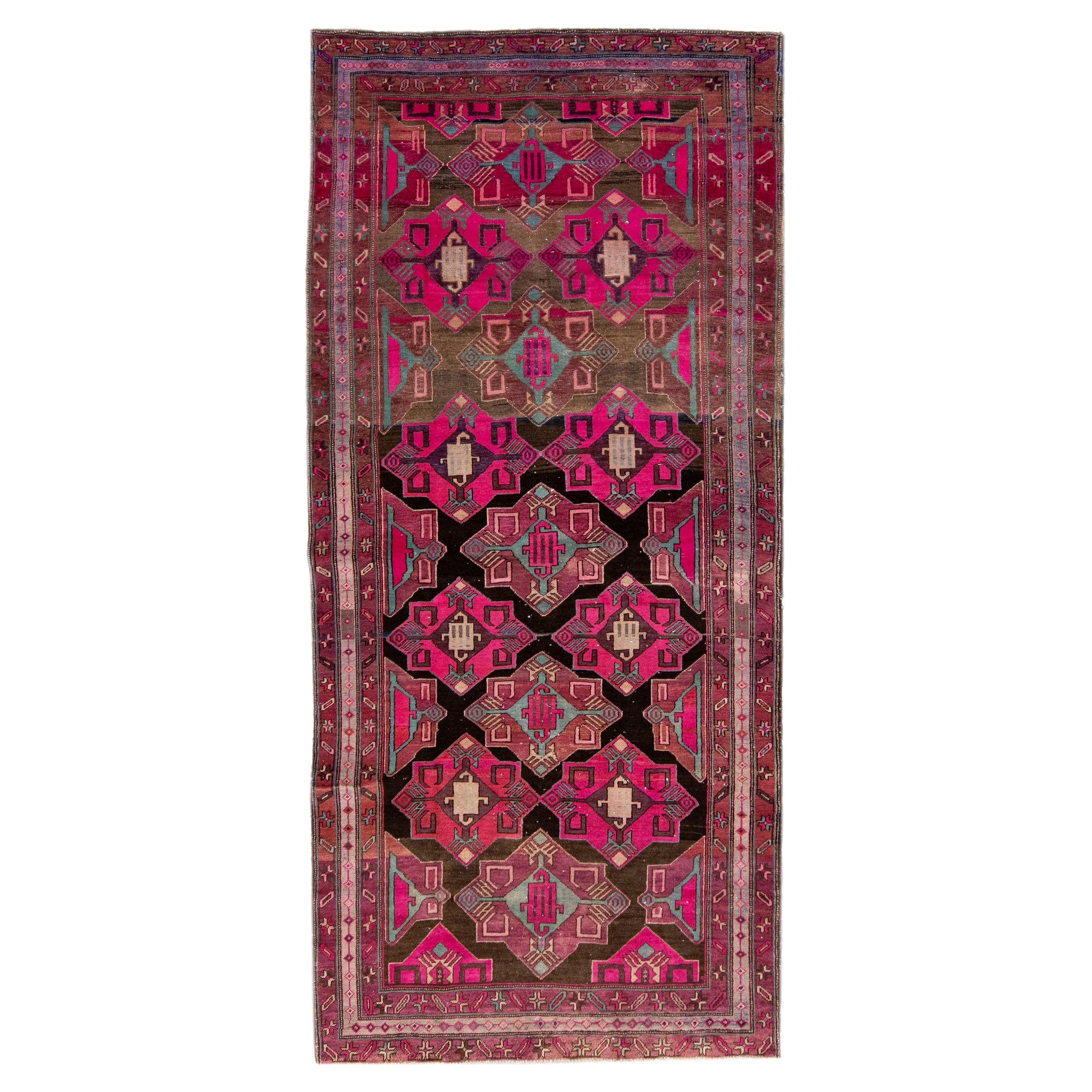 Vintage Persian Malayer Brown & Pink Handmade Wool Runner with Allover Design For Sale