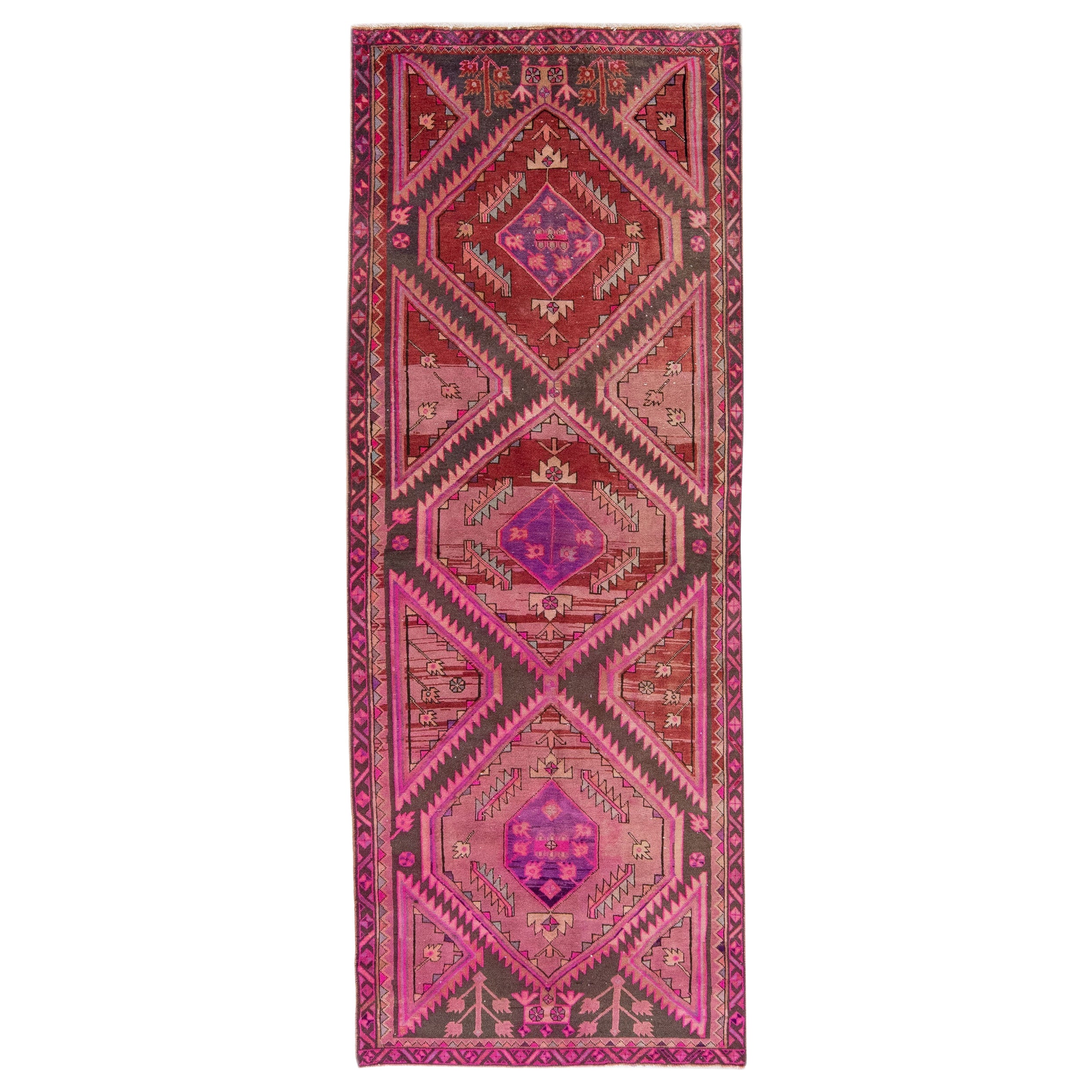 Vintage Persian Malayer Pink Handmade Wool Runner with Tribal Design