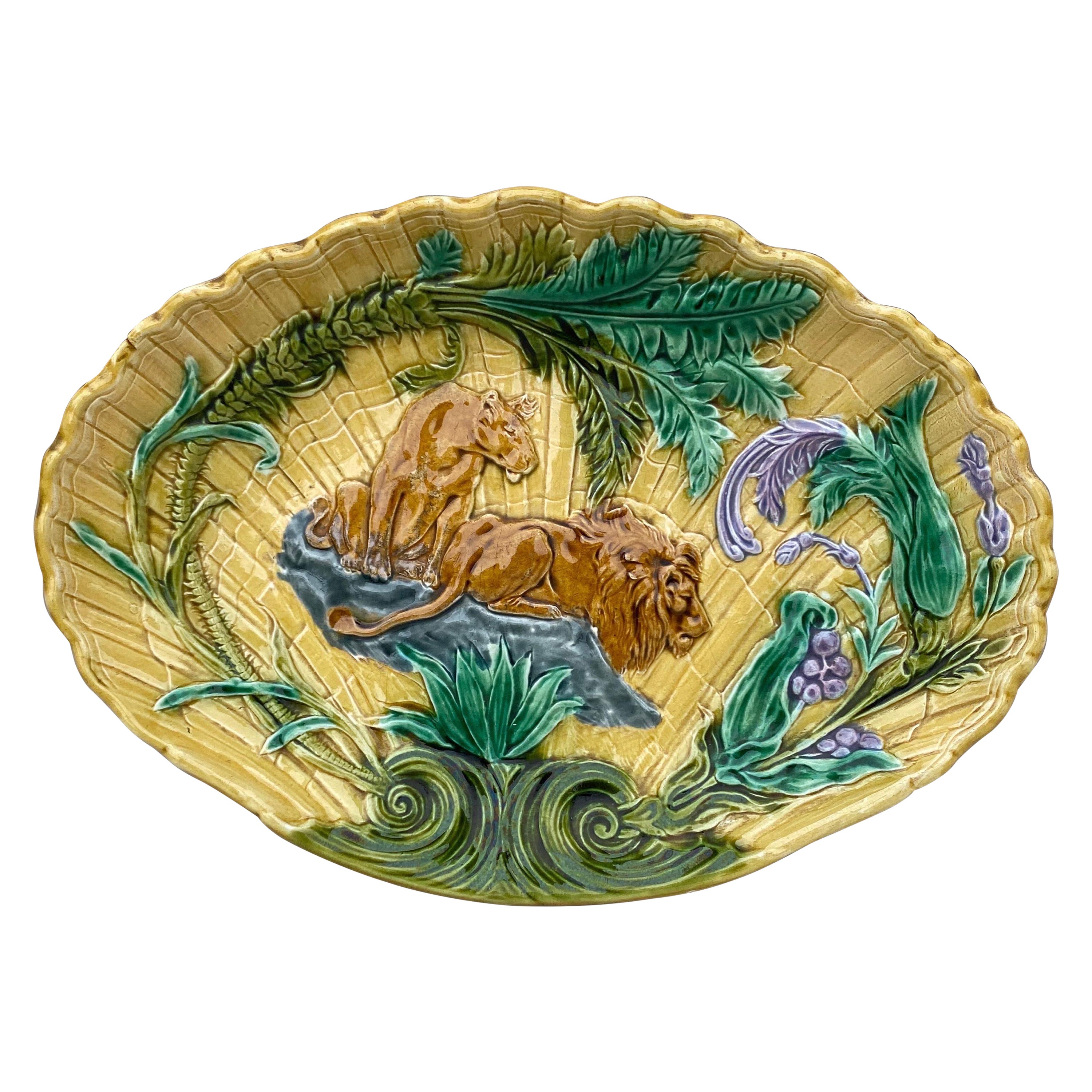 19th Century Majolica Lion and Lioness Platter Salins For Sale