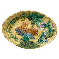 19th Century Majolica Lion and Lioness Platter Salins