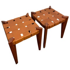 Vintage Edmond Spence Woven Leather Stools-a Pair