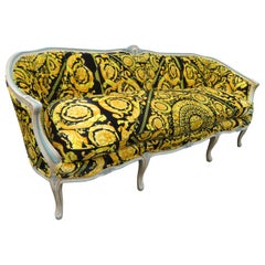Vintage French Country Carved Curved Wood Sofa with Custom Versace Velvet Fabric