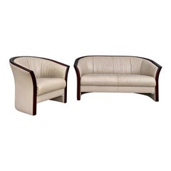 Used 1970s Ekornes Curved Leather Wood Sofa Settee and Barrel Chair Set