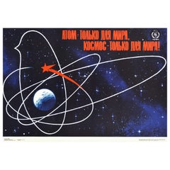 Original Retro Soviet Poster Atom Space For Peace Dove UN United Nations USSR