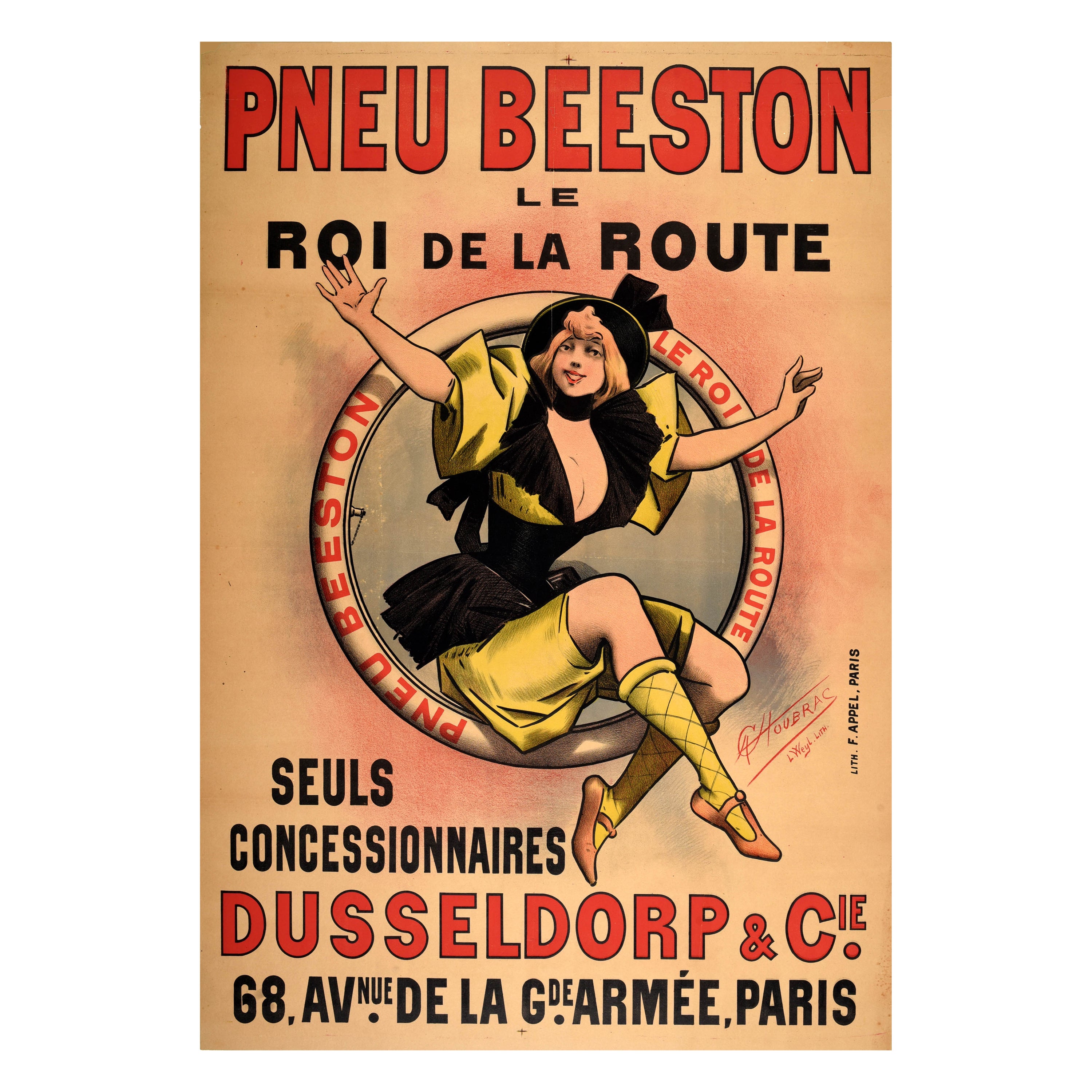 Original Antique Poster Pneu Beeston Tyres King Of The Road Tire Advertising Art For Sale