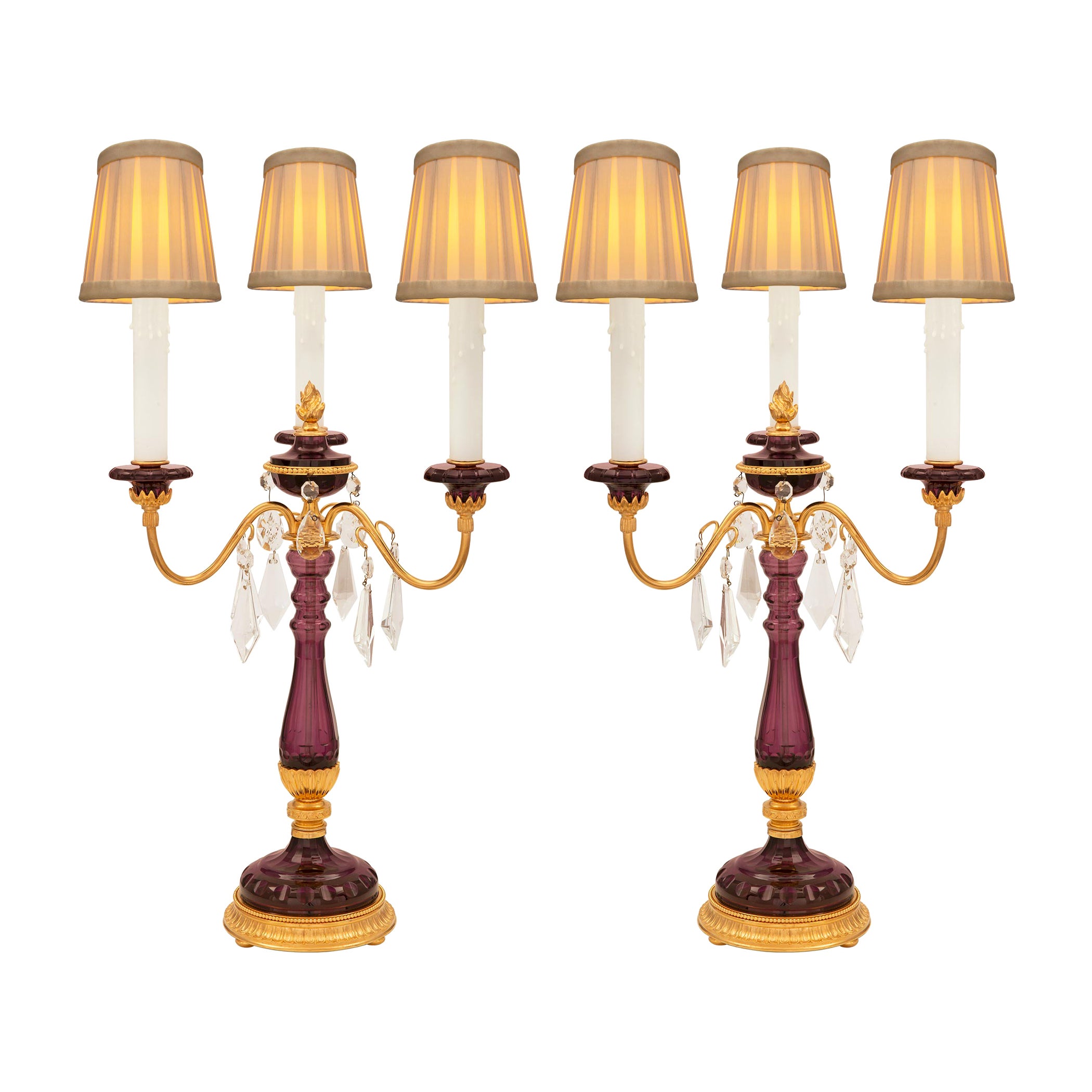 Pair of French Turn of the Century Louis XVI St. Amethyst Colored Glass Lamps
