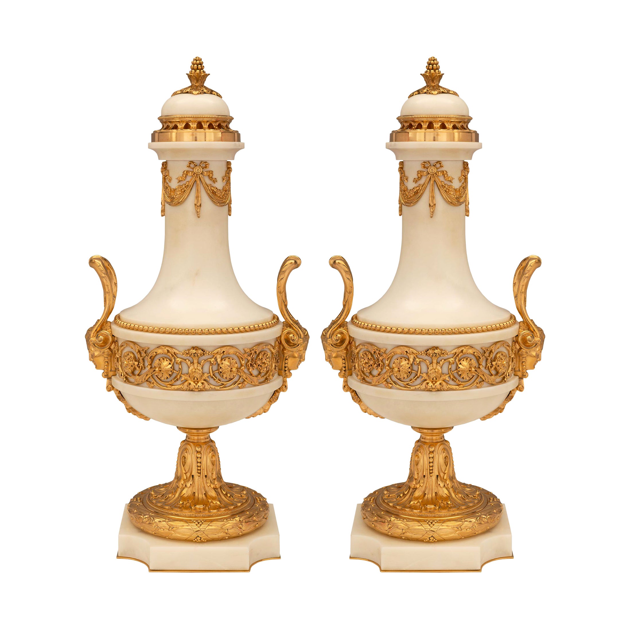 Pair Of French 19th Century Belle Époque Period Marble And Ormolu Lidded Urns