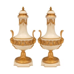 Antique Pair Of French 19th Century Belle Époque Period Marble And Ormolu Lidded Urns