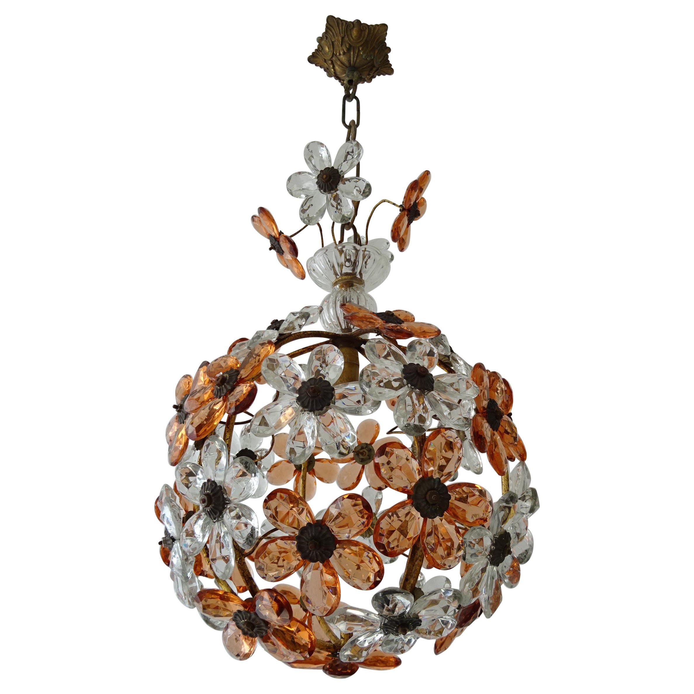 Clear and Peach Crystal Flowers Maison Baguès Style Chandelier, C 1920