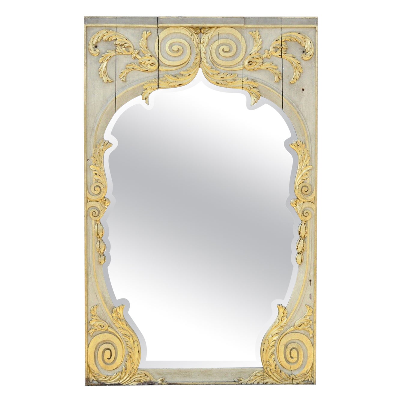 Antique French Rococo Louis XV Style 85" Gold Gilt Cream Painted Trumeau Mirror