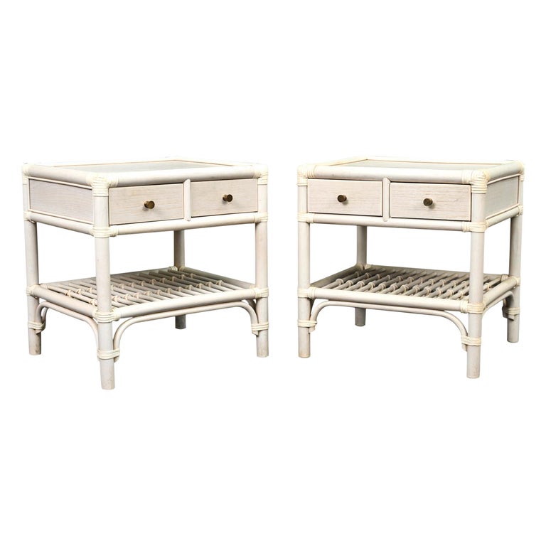 Pair of DUX White-Painted Rattan End Tables / Nightstands For Sale