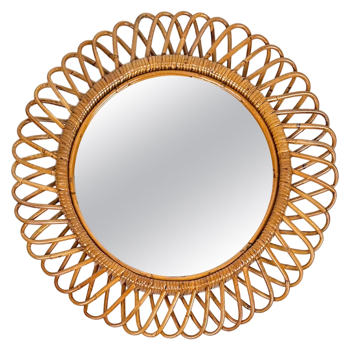 Mid-Century Rattan and Bamboo Round Wall Mirror, Italy 1960s For Sale