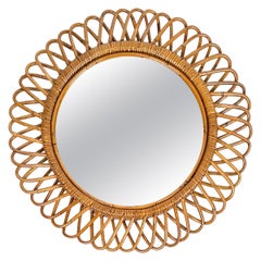 Mid-Century Rattan and Bamboo Round Wall Mirror, Italy 1960s