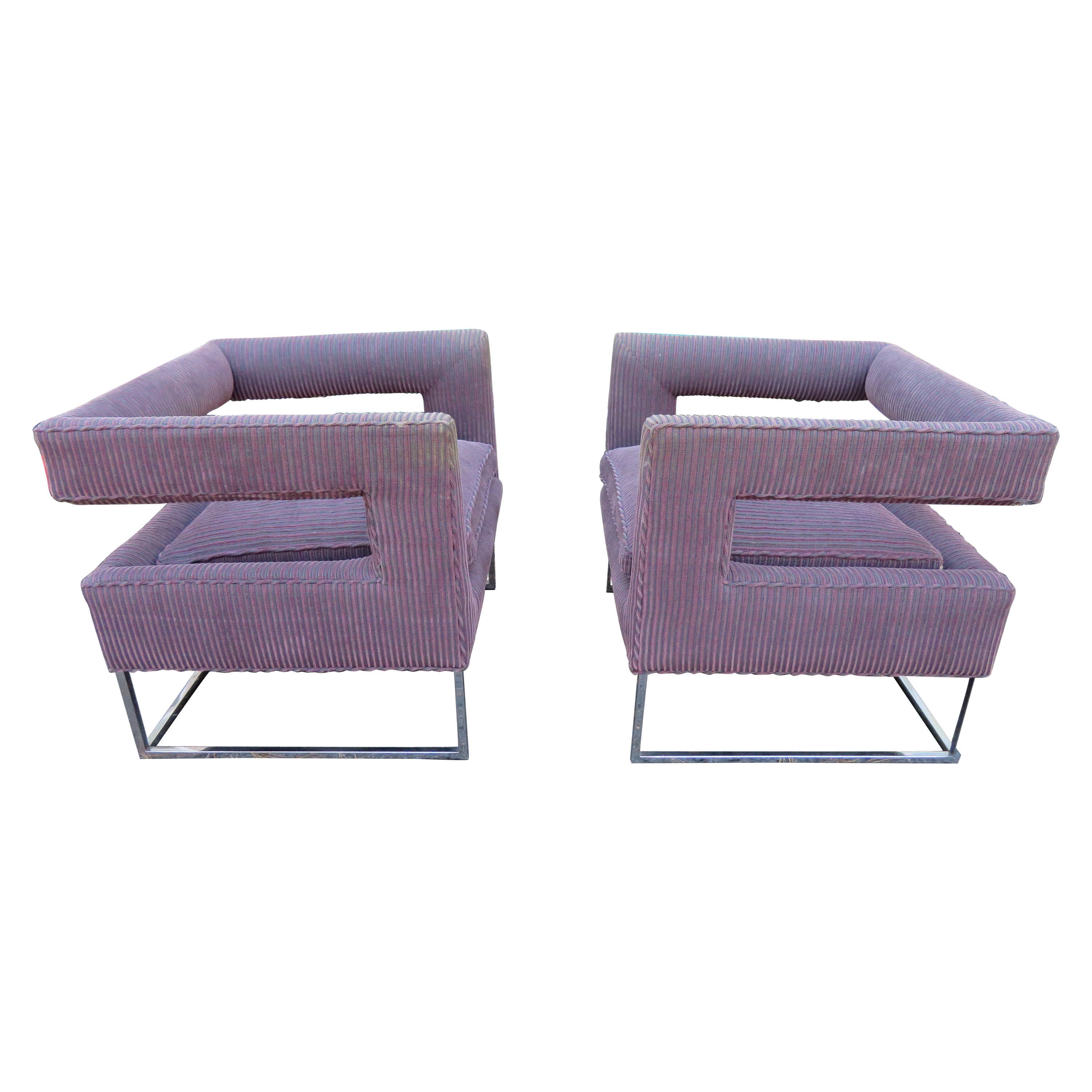 Sensational Pair Milo Baughman Style Chrome Open Back Cube Chairs Mid-Century