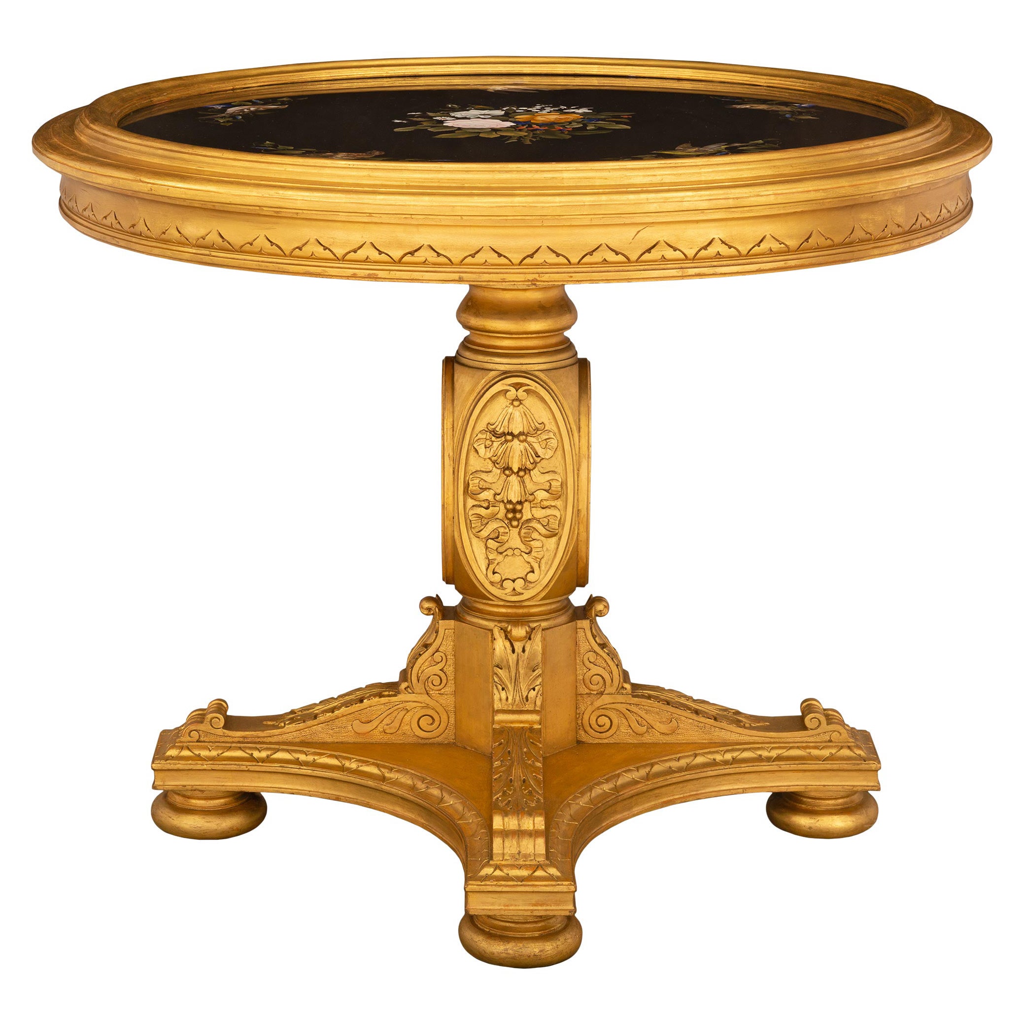 Italian 19th Century Florentine St. Giltwood And Pietra Dura Center Table For Sale