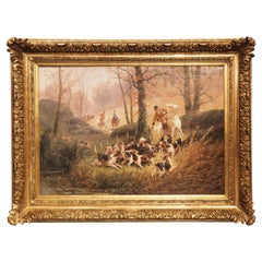 Antique French Oil Painting of a Boar Hunt, Signed E. Petit (1839-1886)