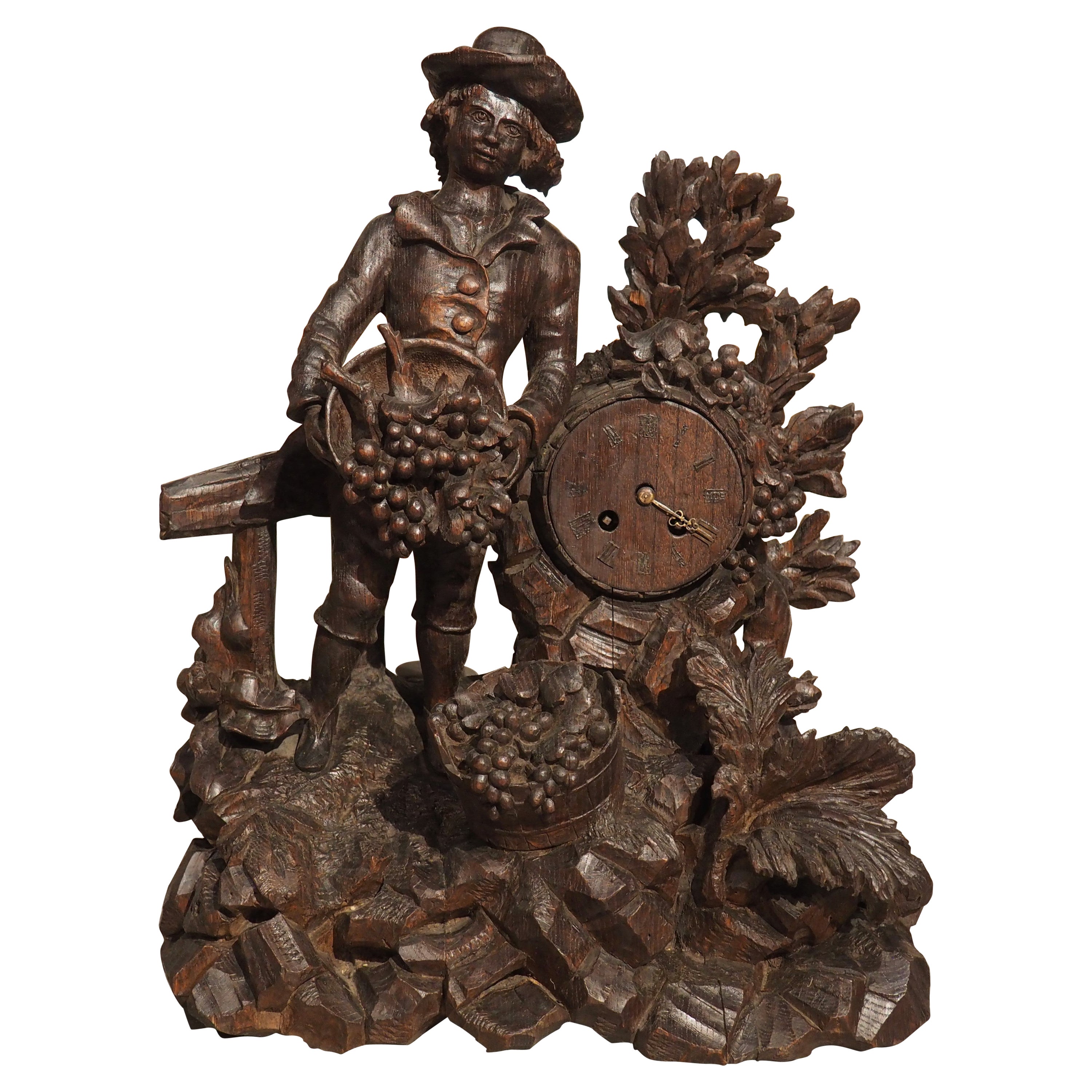 19th Century Highly Carved French Oak Sculpture of a Man Harvesting Wine Grapes For Sale