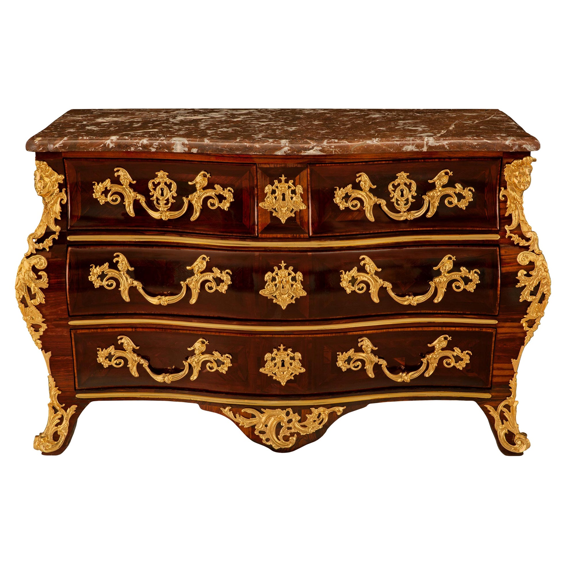 French Mid-18th Century Régence Period Rosewood, Ormolu and Marble Commode For Sale