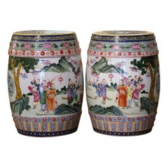 Pair of Mid-Century Chinese Porcelain Garden Stools with Figural & Floral Motifs