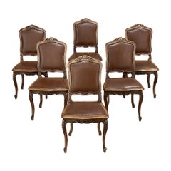 Ensemble de six chaises de salle à manger anciennes françaises Louis XIV en noyer