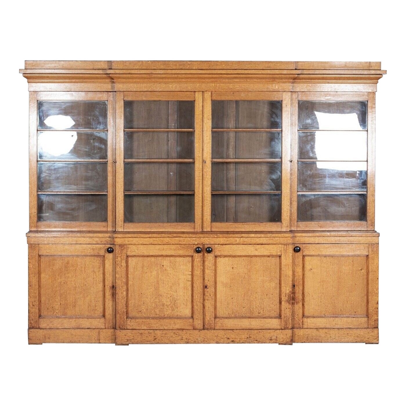 Monumental 19thC English Glazed Oak Breakfront Bookcase