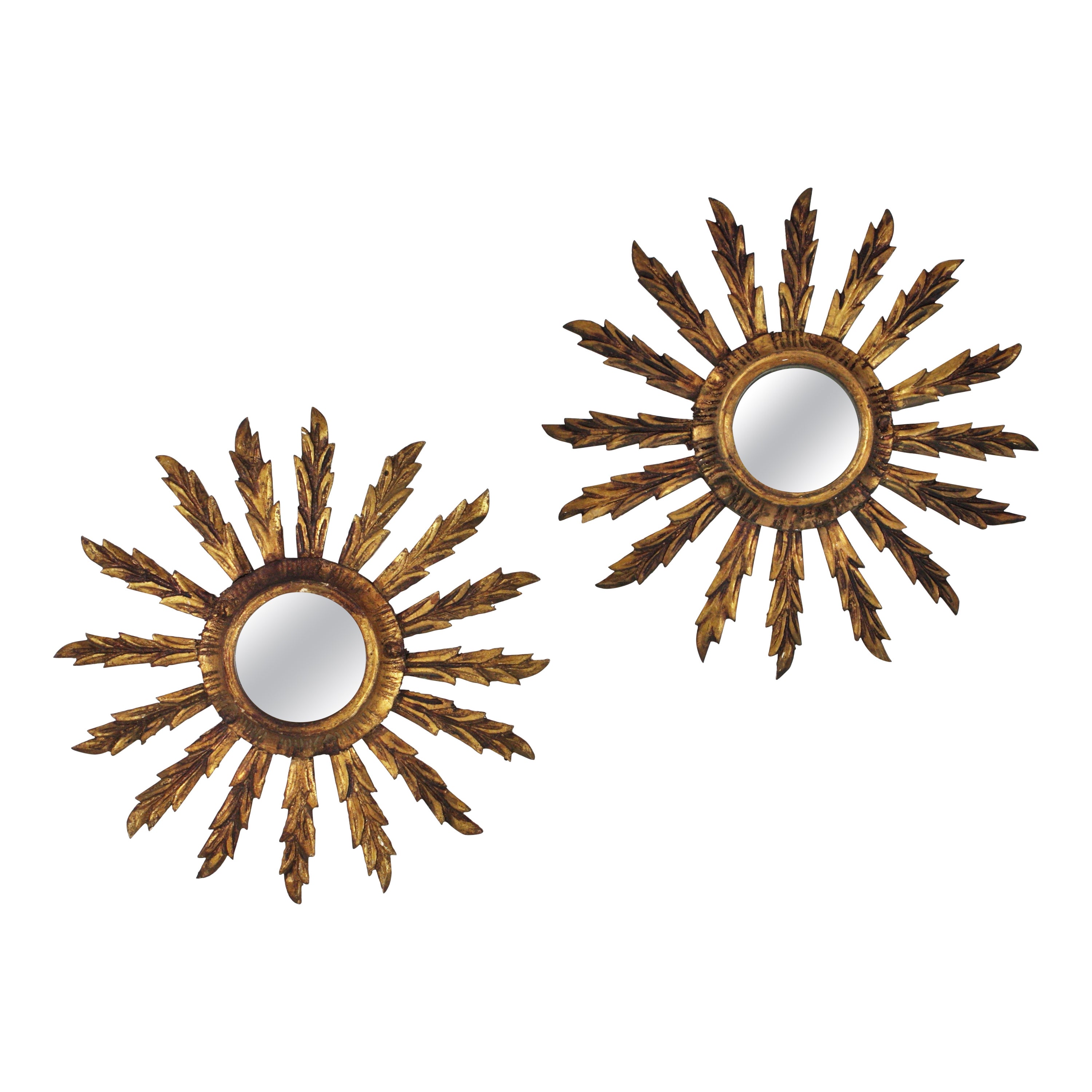 Pair of Early 20th Century Giltwood Mini Sunburst Mirrors 