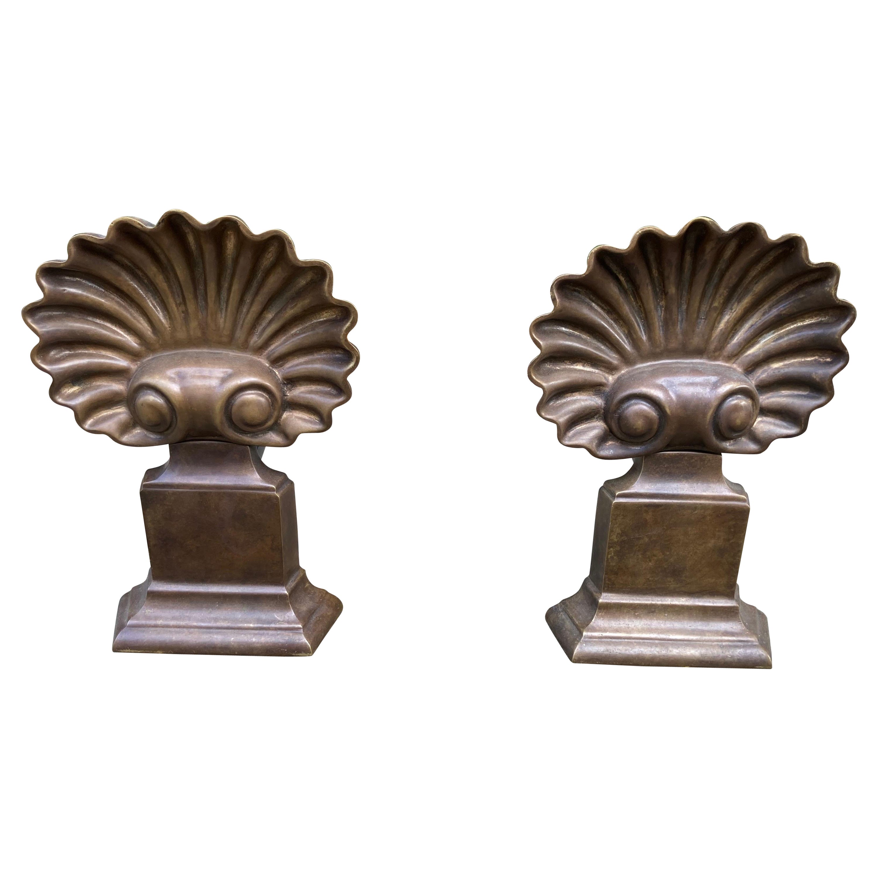 Pair of Shell Shaped Bronze Andirons For Sale