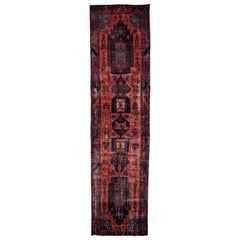 Vintage Persian Heriz Red Handmade Wool Runner with Multicolor Tribal Design