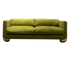 Green Alpaca "Caillou" Sofa with Sculptural Gold Bronze Feet (IN STOCK)