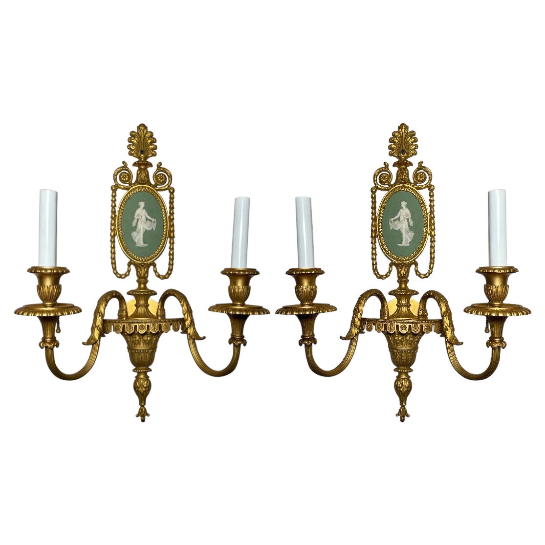 Pair Antique French Louis XVI Gold Bronze Sconces with Wedgwood Plaques, Ca 1880 For Sale