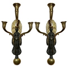 Pair Antique French Empire Gold Bronze & Patinated Bronze Sconces, Circa 1880.