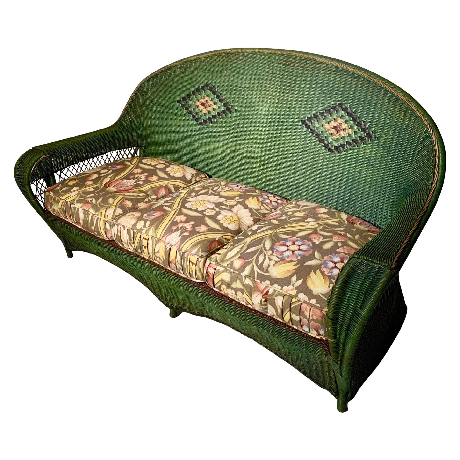  Arts & Crafts Style Green Three Seat Wicker Sofa For Sale