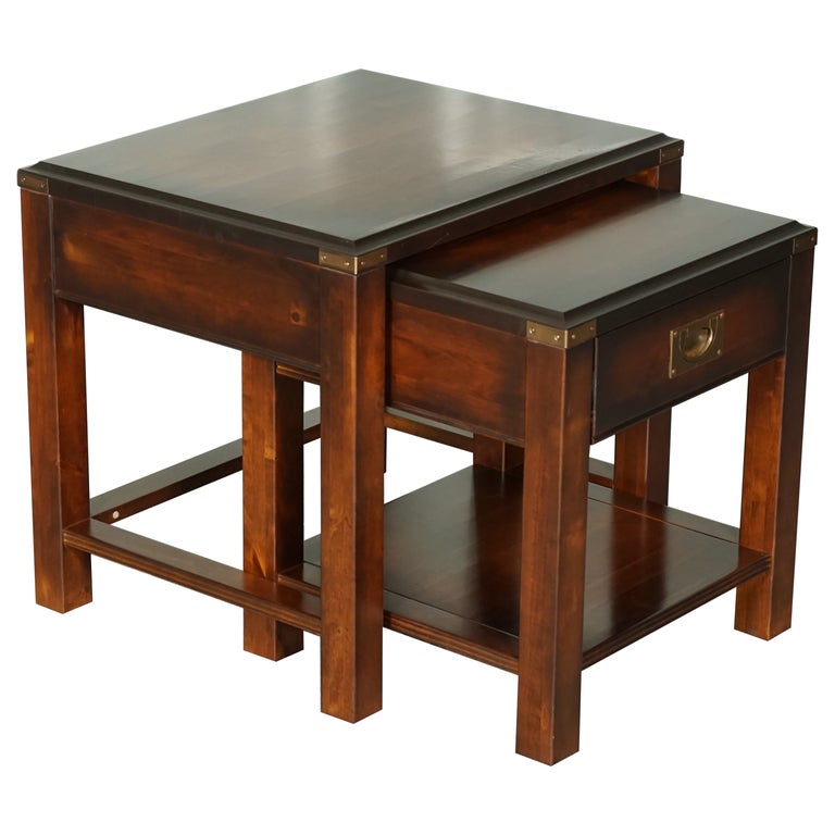 Vintage Mahogany and Brass Military Campaign Nest of Tables with Drawer