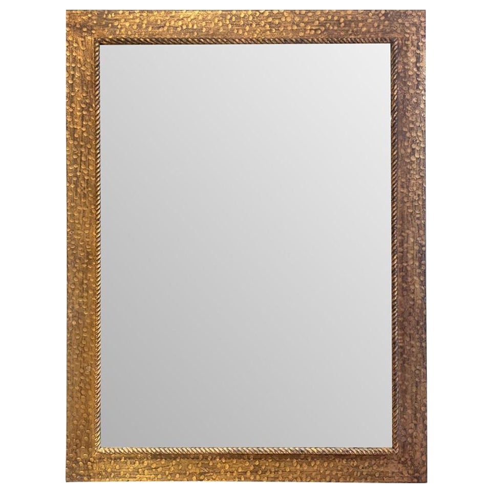 Gold Gilt Hammered and Forged Metal Frame Rectangular Mirror, Spain, 1950s For Sale
