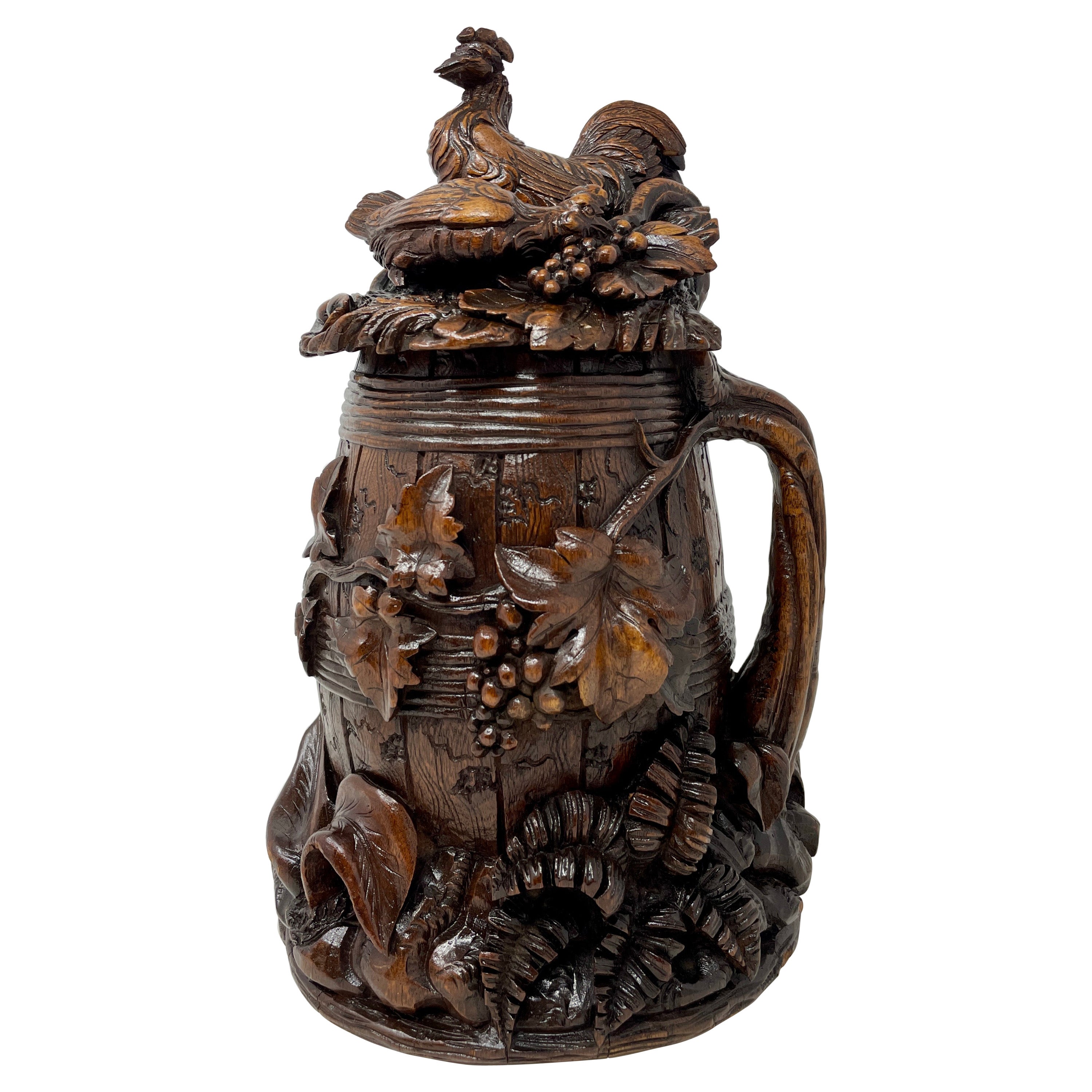 Antique German Black Forest Carved Walnut Stein or Tankard, Circa 1880s