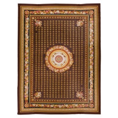 Brown Vintage Portuguese Aubusson Needlepoint Allover Designed Wool Rug