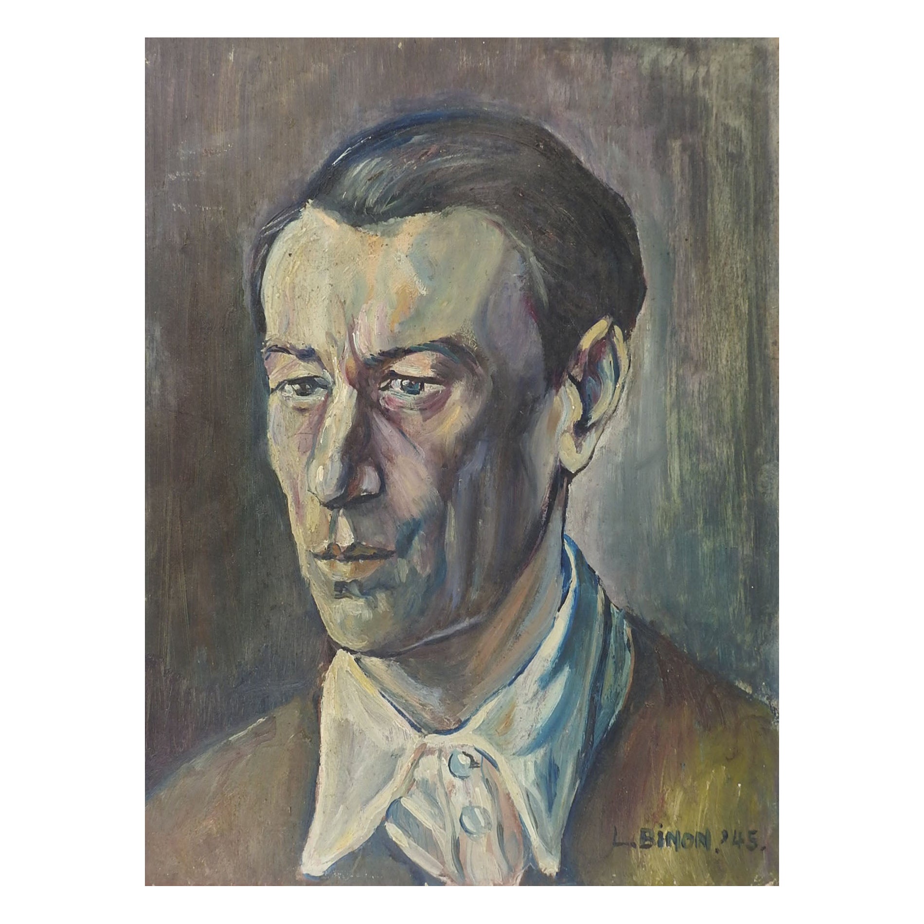 Vintage 1945 Modernist Portrait Painting of Man