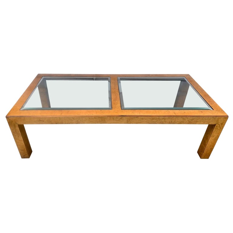 John MidCentury Modern Burl Wood and Glass Cocktail Table