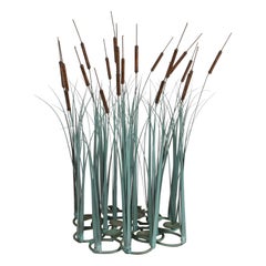 1970s Brutalist Mid-Century Patinated Bronze & Copper Cattail Kinetic Sculpture