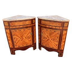Pair of Dutch Marquetry inlaid standing corner cabinets with marble tops 