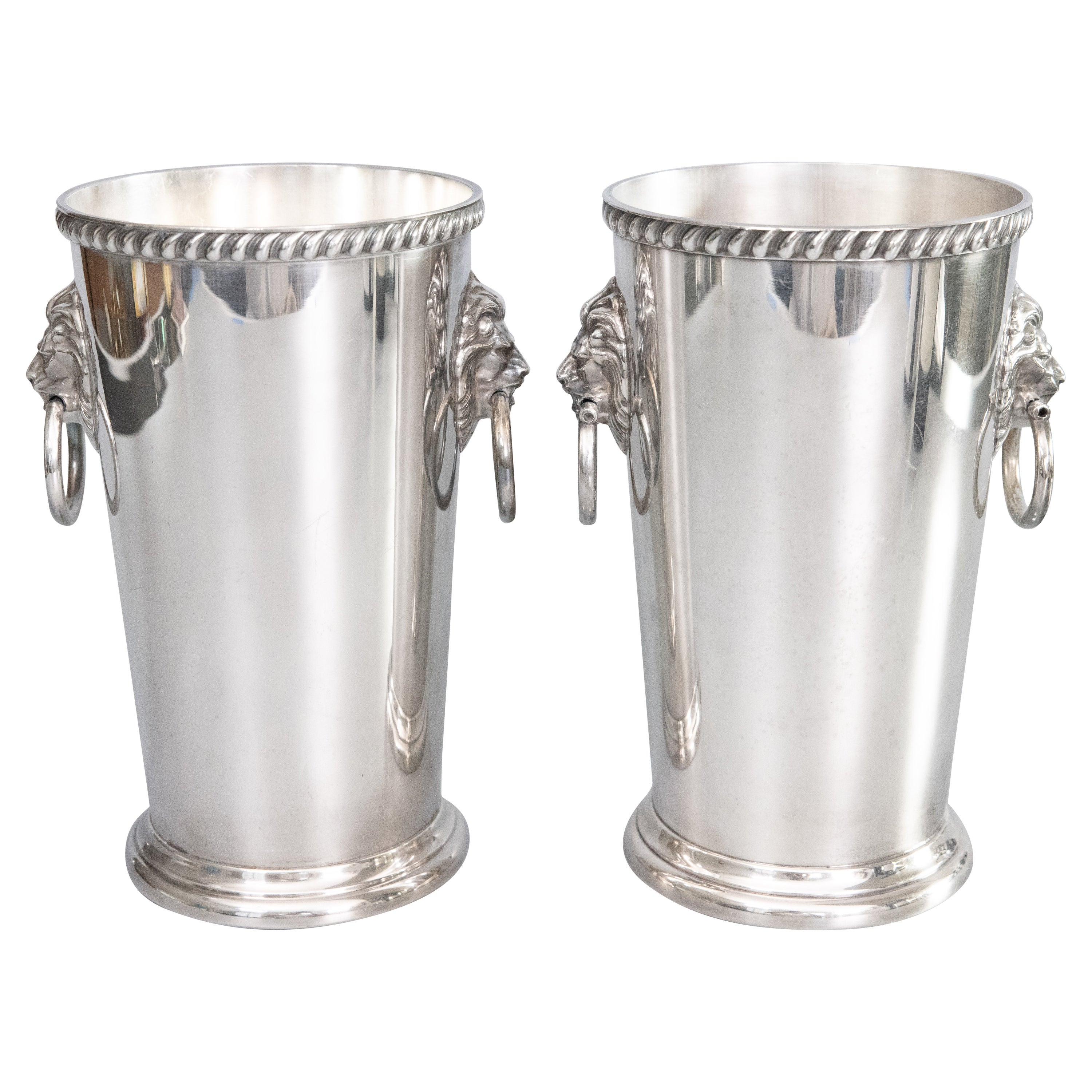 Pair of Mid-Century Silver Plate Lion Heads Champagne Buckets Wine Coolers