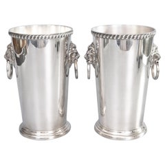 Retro Pair of Mid-Century Silver Plate Lion Heads Champagne Buckets Wine Coolers