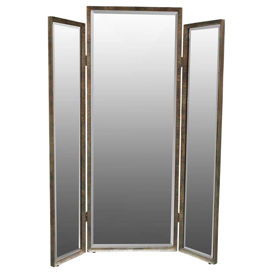 Three Panels Screen Mirror in Hammered Iron