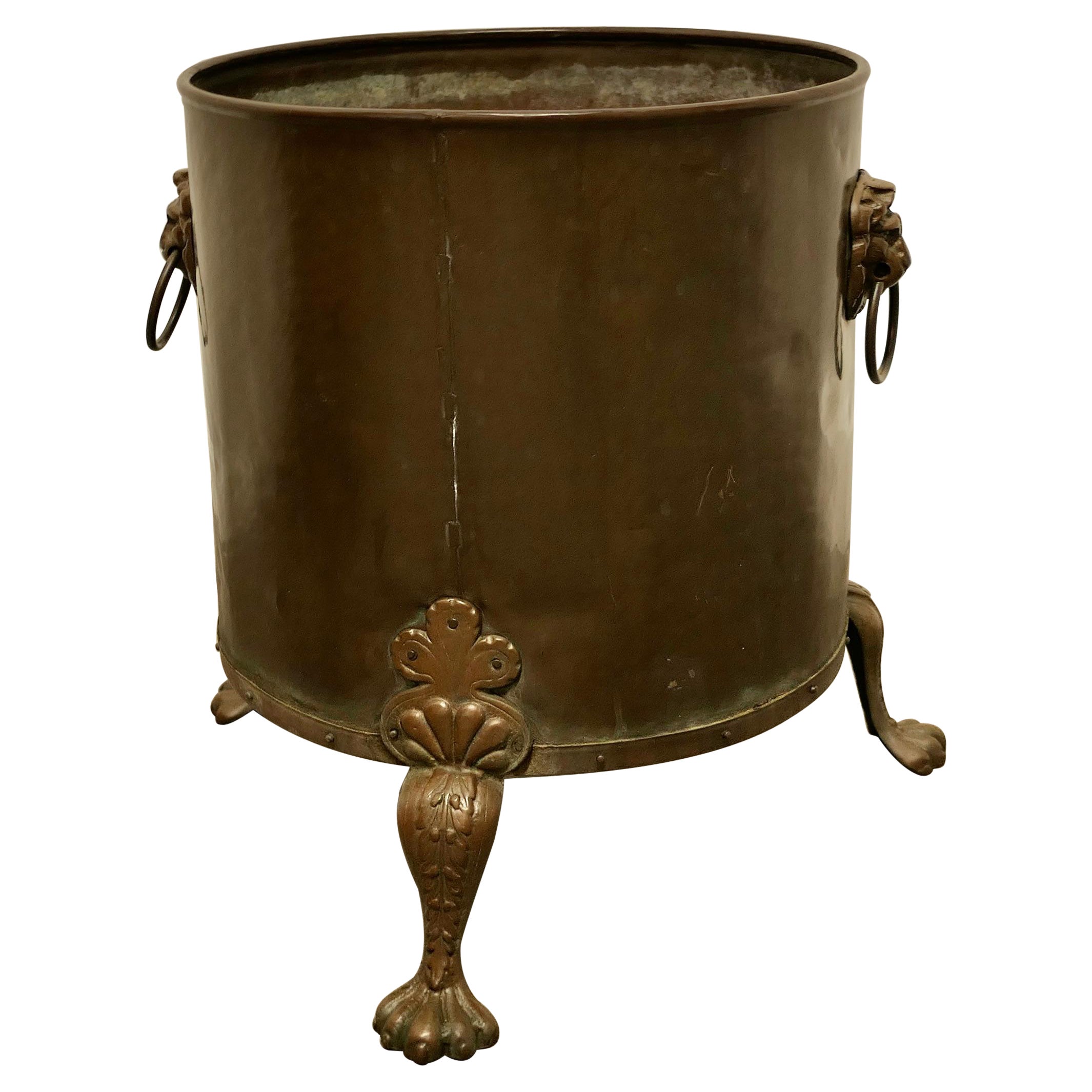 19th Century Copper Coal or Log Bucket on Lions Paw Feet For Sale