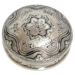 Sterling Silver Gilded Interior Black Enamel Antique Floral Snuff/Pill Box